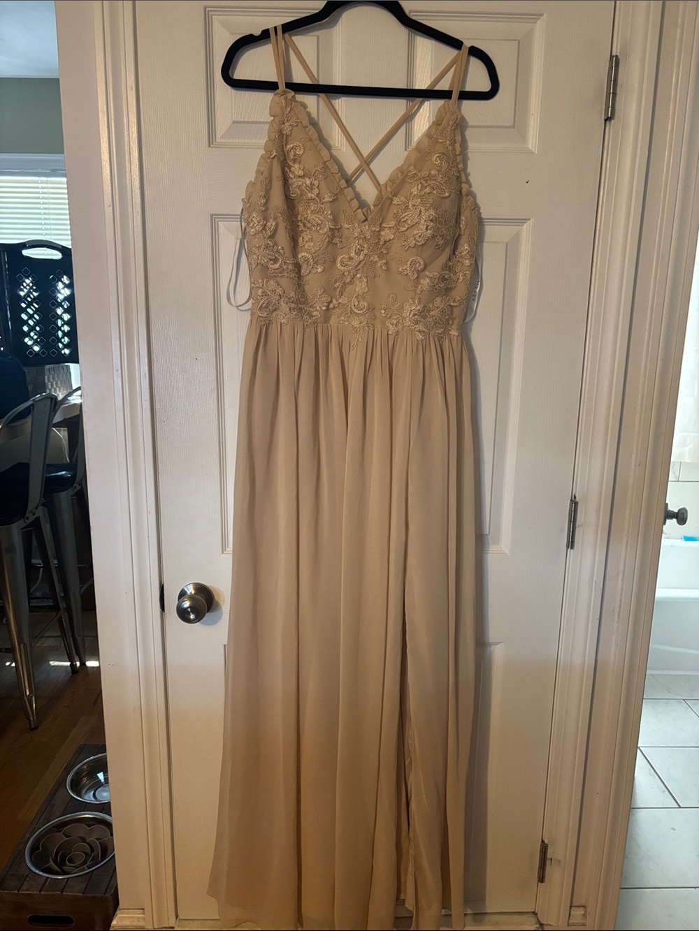 Azazie champagne Lace Bodice Dress with Crisscross Straps